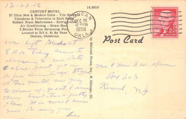 Duncan Oklahoma Century Motel Vintage Postcard TT0028 - Image 2