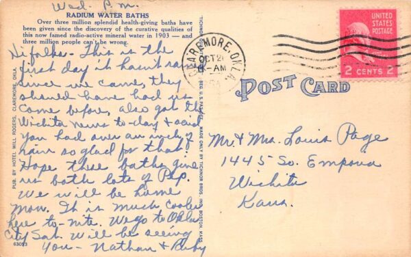 Claremore Oklahoma Will Rogers Hotel, Radium Water Bath Vintage Postcard TT0030 - Image 2