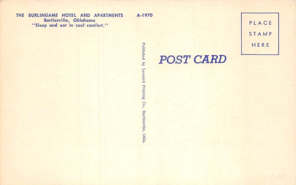 Bartlesville Oklahoma Burlingame Hotel and Apartments Vintage Postcard TT0031 - Image 2