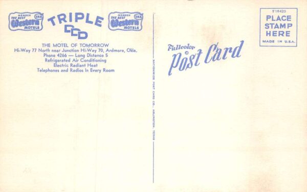 Ardmore Oklahoma Triple DDD, Motel of Tomorrow Vintage Postcard TT0036 - Image 2