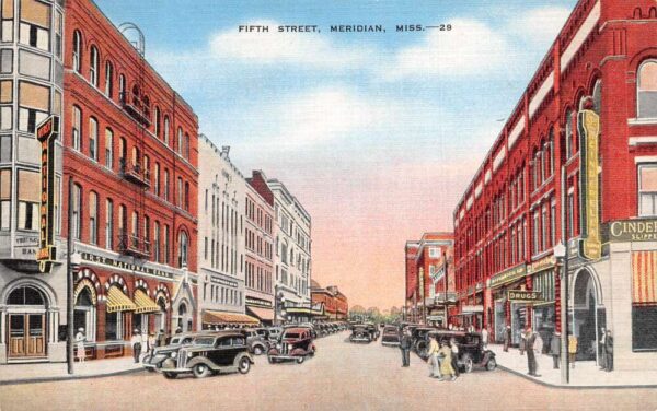 Meridian Mississippi Fifth Street, Street Scene Vintage Postcard TT0053