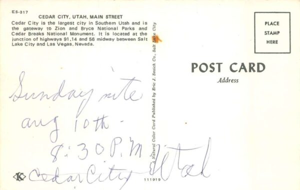 Cedar City Utah Main Street, Street Scene Vintage Postcard TT0056 - Image 2