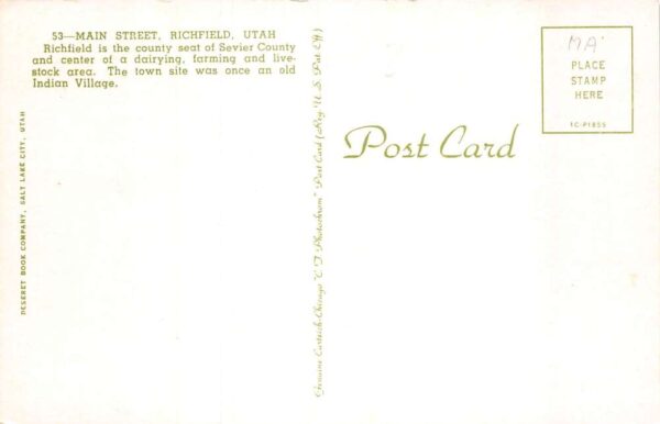 Richfield Utah Main Street, Sevier County Vintage Postcard TT0062 - Image 2