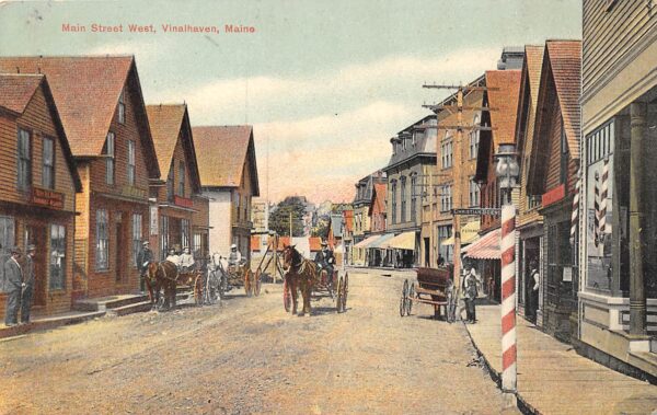 Vinalhaven Maine Main St. West, Barber Shop Shown, Color Lithograph PC U6810