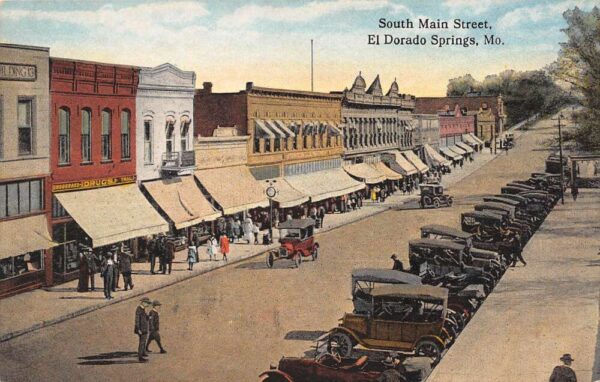 El Dorado Springs Missouri South Main Street, Drug Store Vintage Postcard U6861