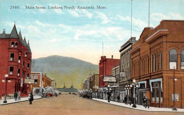 Anaconda Montana Main St., Looking North, Cigar Store Vintage Postcard U6875