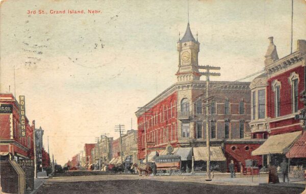 Grand Island Nebraska 3rd Street, Labor Office, Color Lithograph Postcard U6881