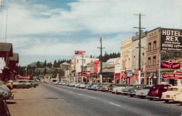 Truckee California Street Scene, Hotel Rex, Photochrome Vintage Postcard U6902