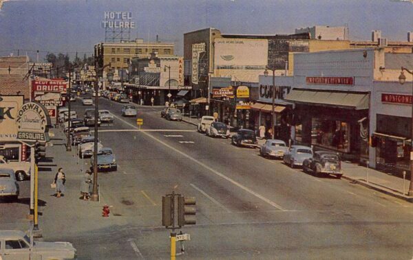 Tulare California Downtown Tulare, Gas Station, Photochrome Vintage PC U6905