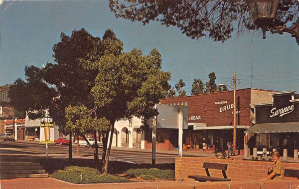 Santa Cruz California Street Scene, Saratoga Drug Store, Chrome Postcard U6910