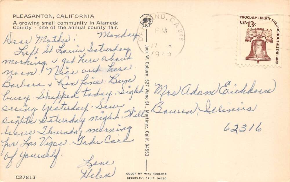 Pleasanton California Town View, Photochrome Vintage Postcard U6926 - Image 2