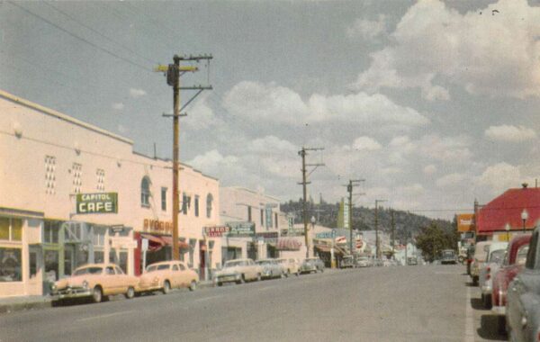 Quincy California Main Street, Drug Store, Photochrome Vintage Postcard U6927