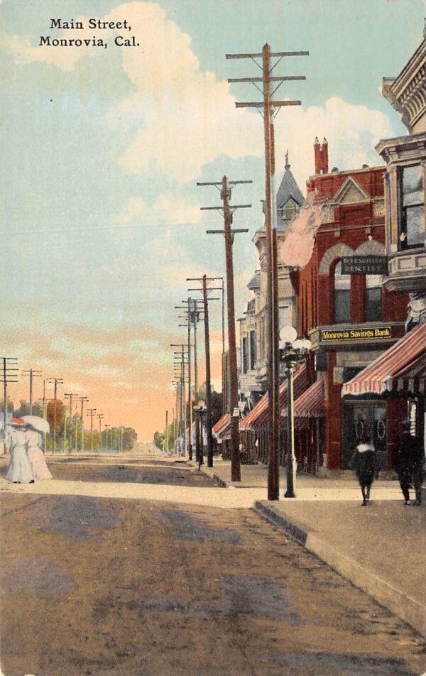 Monrovia California Main Street, Monrovia Savings Bank Vintage Postcard U6951