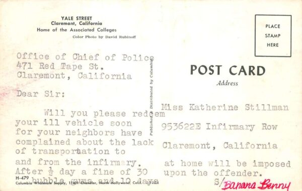 Claremont California Yale Street, Photochrome Vintage Postcard U6999 - Image 2