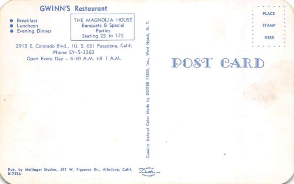 Pasadena California Gwinn's Restaurant Multi-View Chrome Vintage Postcard U7031 - Image 2