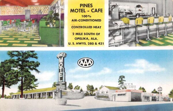 Opelika Alabama Pines Motel & Cafe Multi-View Chrome Vintage Postcard U7032