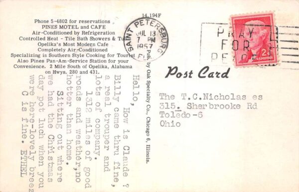 Opelika Alabama Pines Motel & Cafe Multi-View Chrome Vintage Postcard U7032 - Image 2