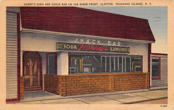 Clayton New York Harry's soda & Snack Bar, Color Linen Postcard U7037