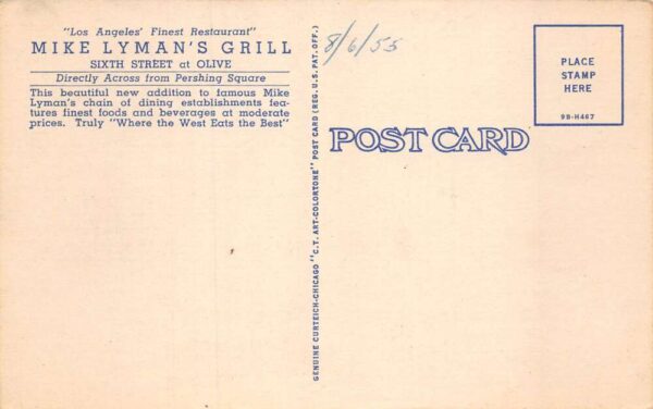 Los Angeles California Mike Lyman's Dining Room & Bar, Color Linen PC U7058 - Image 2