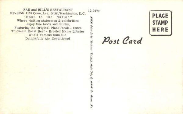Washington D.C. Fan & Bill's Restaurant Multi-View Linen Vintage PC U7061 - Image 2
