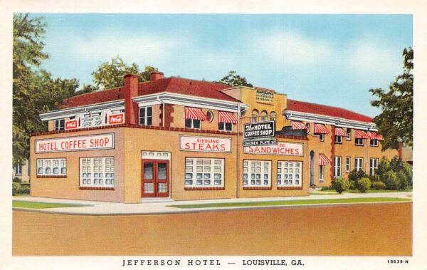 Louisville Georgia Jefferson Hotel, Coca Cola Sign, White Border Postcard U7062