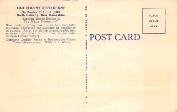 North Conway New Hampshire Old Colony Restaurant, Main St., Color Linen PC U7064 - Image 2