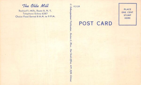 Rockwell's Mills New York The Olde Mill Restaurant, Color Linen Postcard U7102 - Image 2