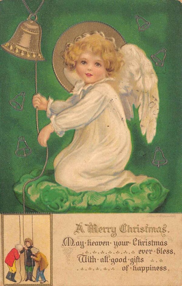 Christmas Greetings Angel Ringing Bell Vintage Postcard AA69381