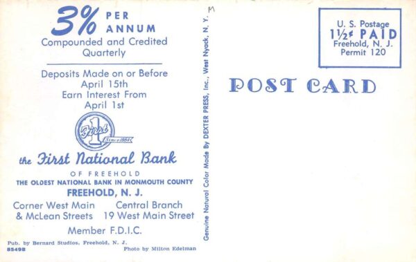 Freehold New Jersey First National Bank Bunny Billboard Adv Postcard AA69395 - Image 2