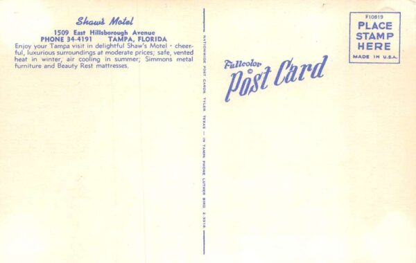 Tampa Florida Shaw's Motel Vintage Postcard AA69397 - Image 2