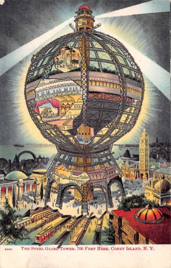Coney Island New York Steel Globe Tower at Night Glitter Postcard AA69402