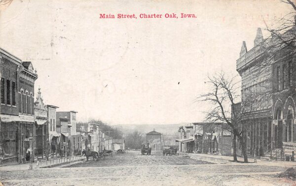 Charter Oak Iowa Main street, B/W Lithograph Vintage Postcard U7111
