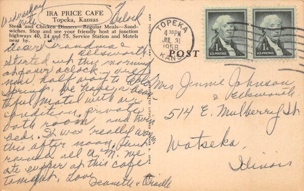 Topeka Kansas Ira Price Cafe, Exterior, Color Linen Vintage Postcard U7121 - Image 2