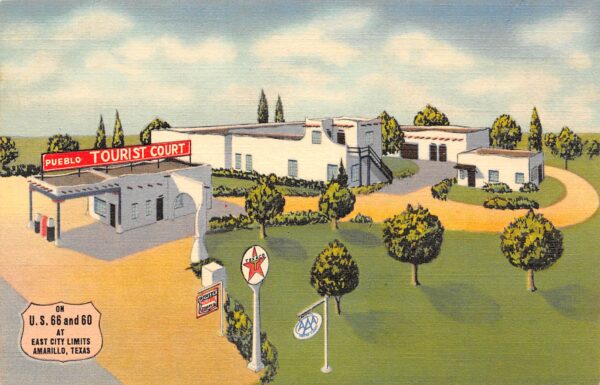 Amarillo Texas Pueblo Court Motel, Texaco Gas Sign Vintage Postcard U7128