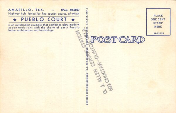 Amarillo Texas Pueblo Court Motel, Texaco Gas Sign Vintage Postcard U7128 - Image 2