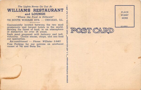 Chicago Illinois Williams Restaurant & Lounge,Multi-View Linen Vintage PC U7133 - Image 2