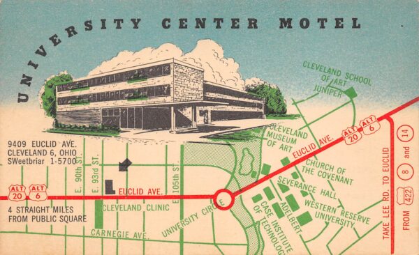 Cleveland Ohio University Center Motel, Illustration & Map On Front PC U7142