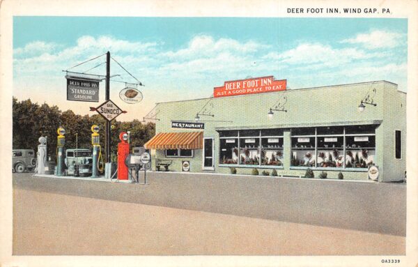 Wind Gap Pennsylvania Deer Foot Inn, Sunoco Gas Sign Vintage Postcard U7190