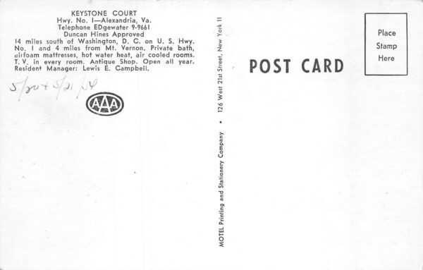 Alexandria Virginia Keystone Court Motel, B/W Photo Vintage Postcard U7192 - Image 2