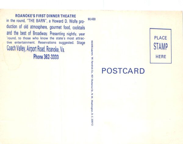 Roanoke Virginia Barn Dinner Theatre, Exterior, Chrome Vintage Postcard U7199 - Image 2