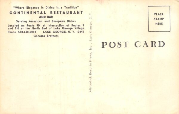 Lake George New York Continental Restaurant, Photochrome Vintage PC U7200 - Image 2