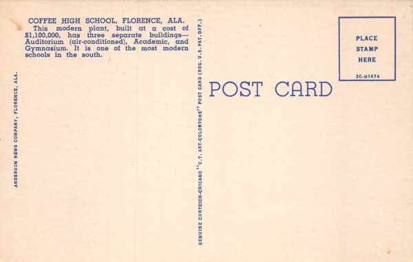 Florence Alabama Coffee High School, Aerial Linen Vintage Postcard U7203 - Image 2