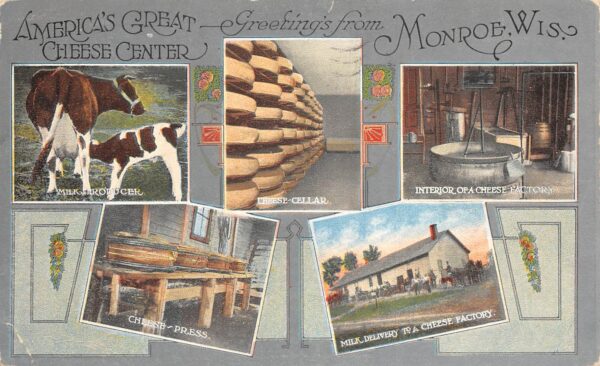 Monroe Wisconsin Greetings From Monroe, Multi-View Lithograph Vintage PC U7206