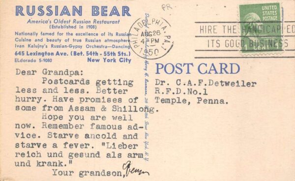 New York City Russian Bear Restaurant People of Russia Vintage Postcard AA69491 - Image 2