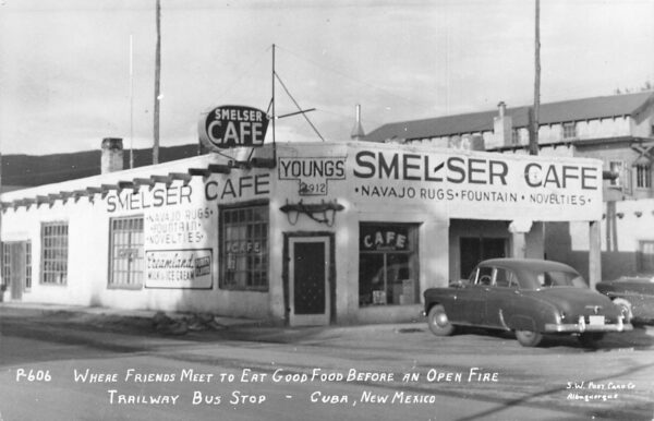 Cuba New Mexico Smelser Cafe, Trailway Bus Stop, Real Photo Vintage PC U7265