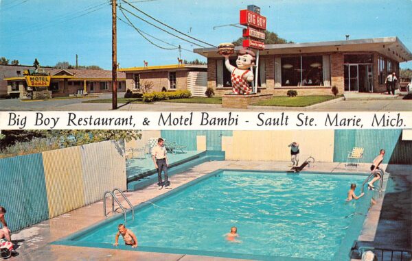 Sault Ste. Marie Michigan Big Boy Restaurant & Motel Bambi Vintage PC U7275