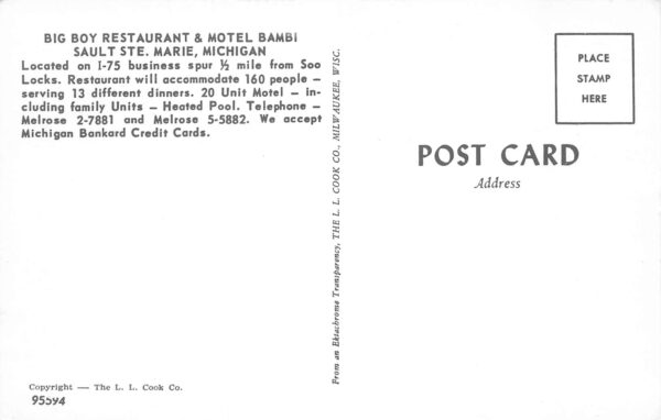 Sault Ste. Marie Michigan Big Boy Restaurant & Motel Bambi Vintage PC U7275 - Image 2