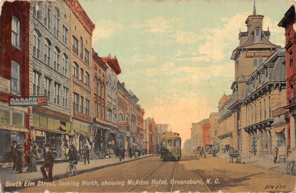 Greensboro North Carolina S. Elm St., McAdoo Hotel & Street Car PC U7290