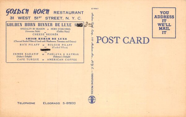 New York City New York Golden Horn Restaurant, Interior, Color Linen PC U7302 - Image 2