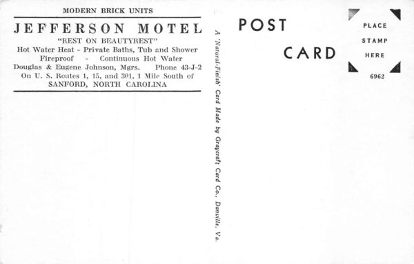 Sanford North Carolina Jefferson Motel, Gas Pumps Shown Vintage Postcard U7303 - Image 2
